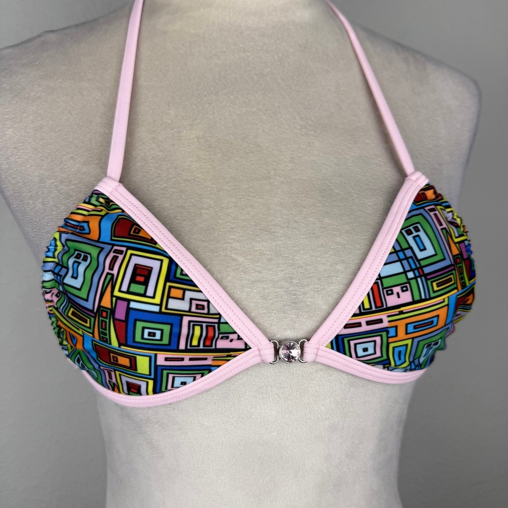 Strawberry Milk Mob Powder Puff Pink Geometric Rhinestone Bikini Top Size XS
